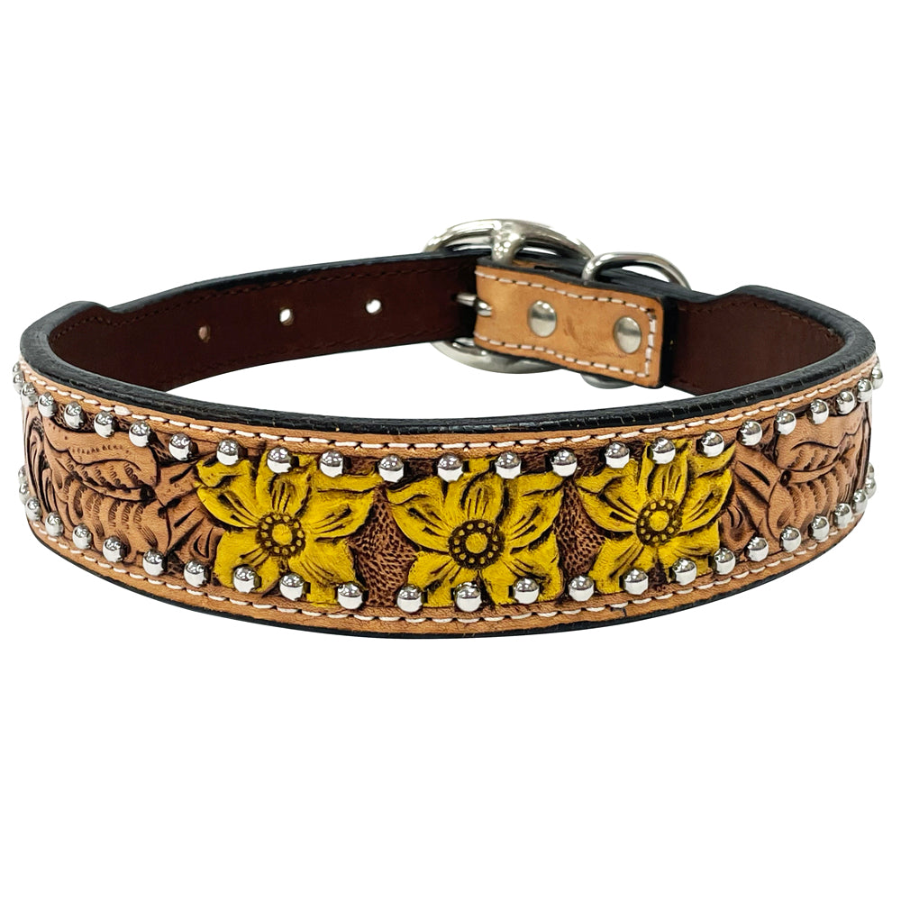 Natural Daffodil Floral Hand Painted Western leather Dog Collar Tan