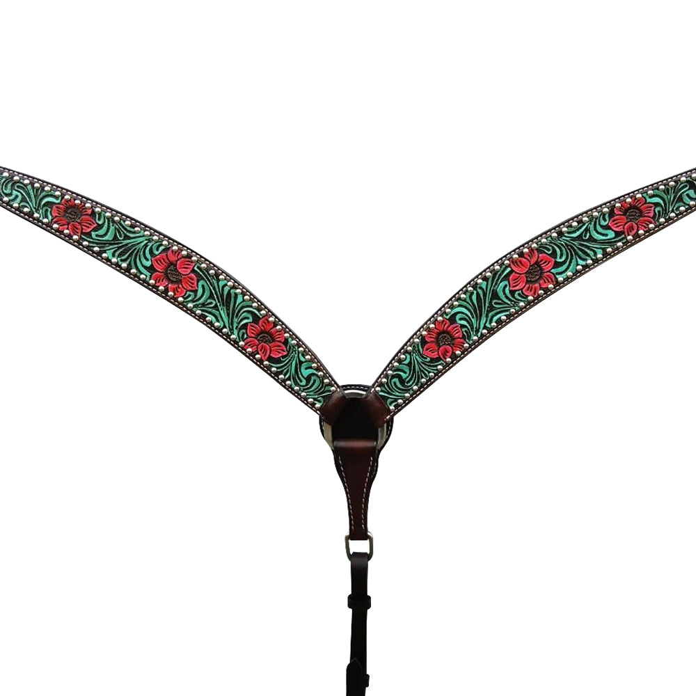 Botanic Chiseled Floral Hand Painted Horse Western Leather Breast Collar