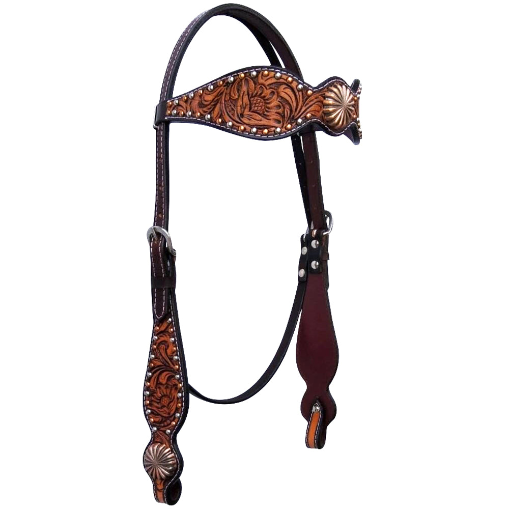 Pinwheel Floral Hand Carved Horse Western Leather Headstall Brown