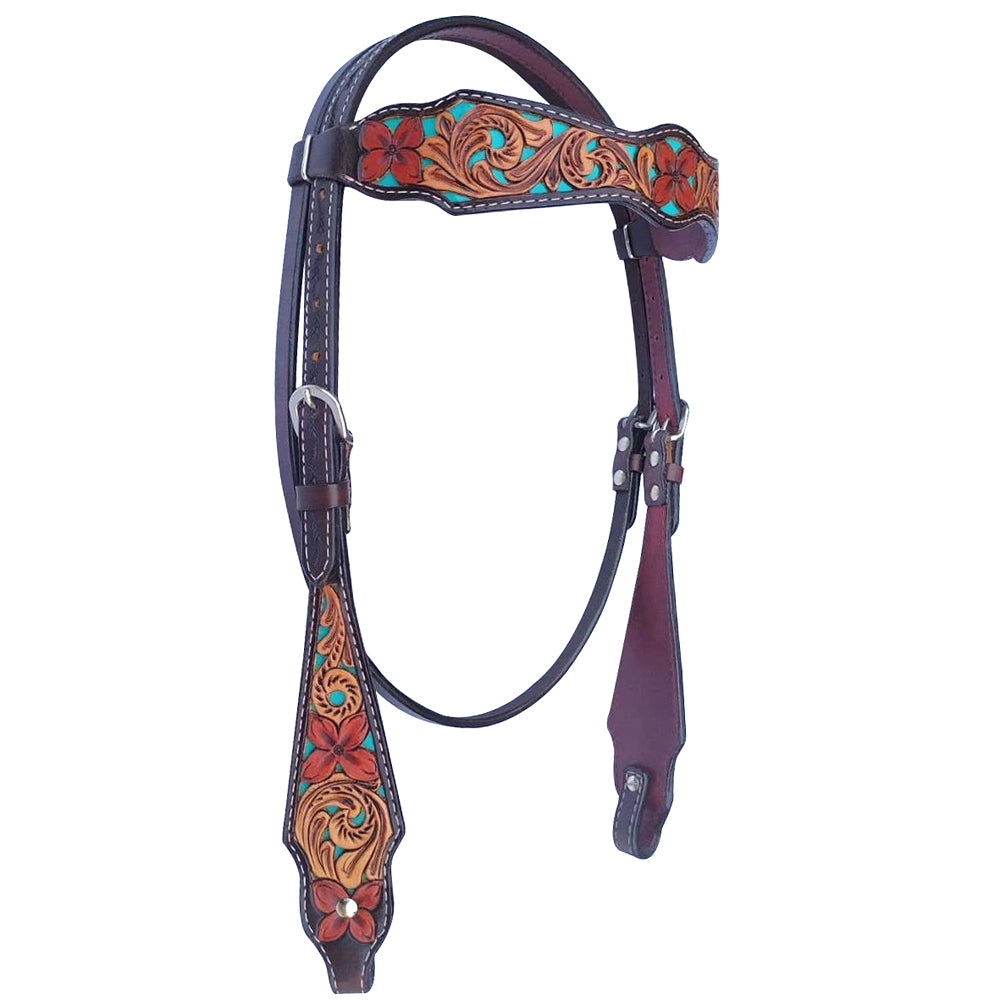 Turquoise Floral Hand Carved Horse Western Leather Headstall