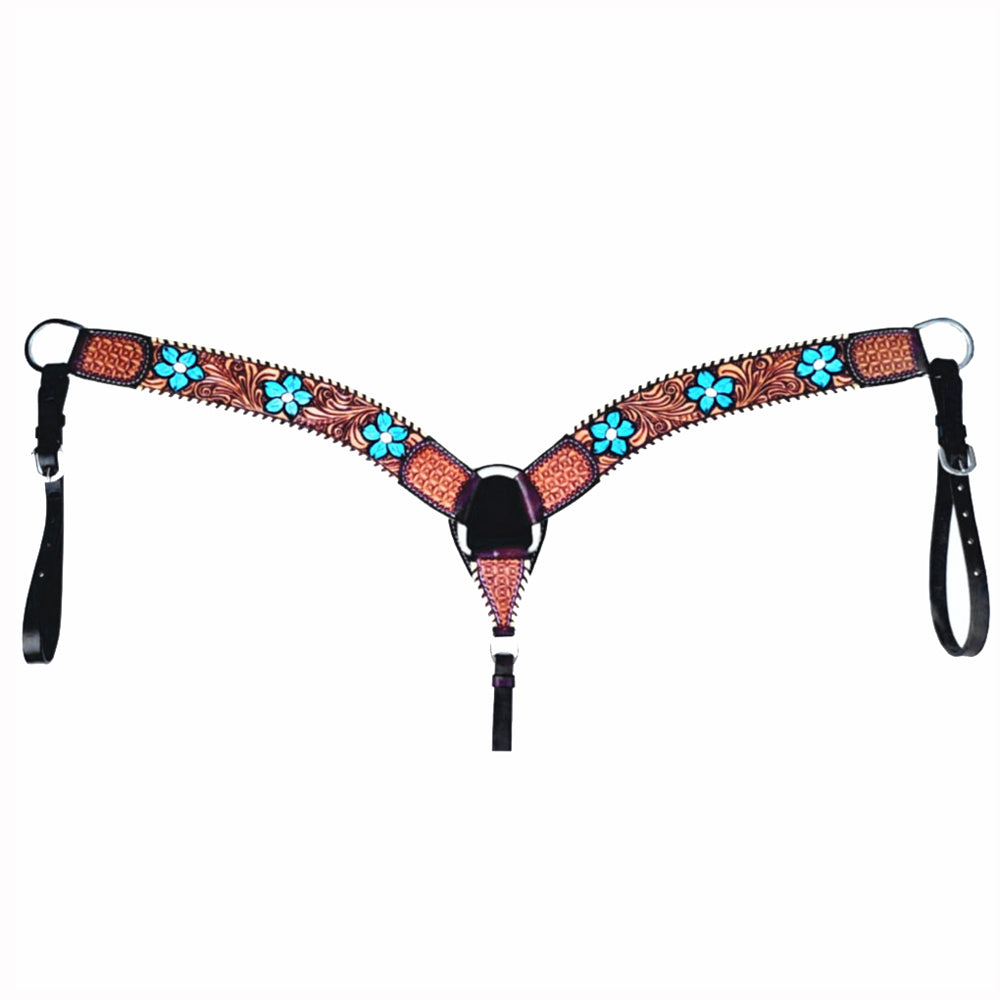 Turquoise Floral Hand Carved Horse Western Leather Breast Collar
