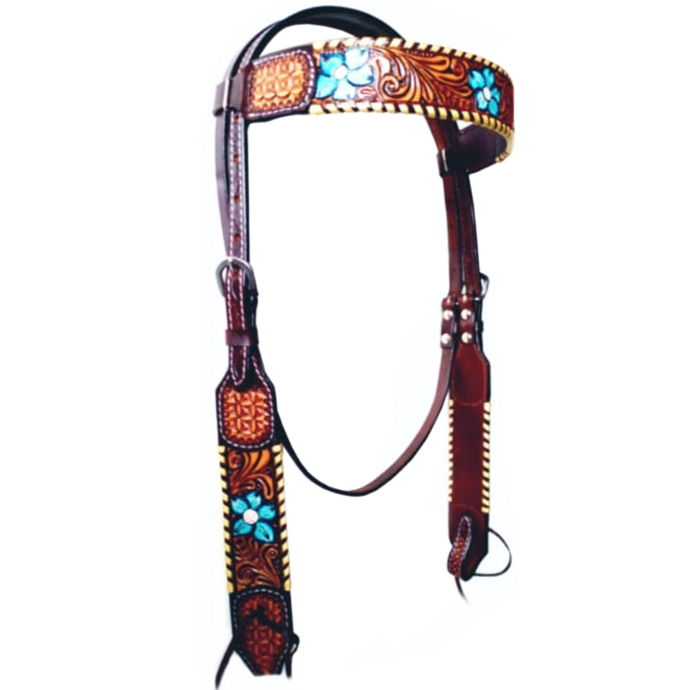 Turquoise Bloom Hand Carved Horse Western Leather Headstall  Dark Brown