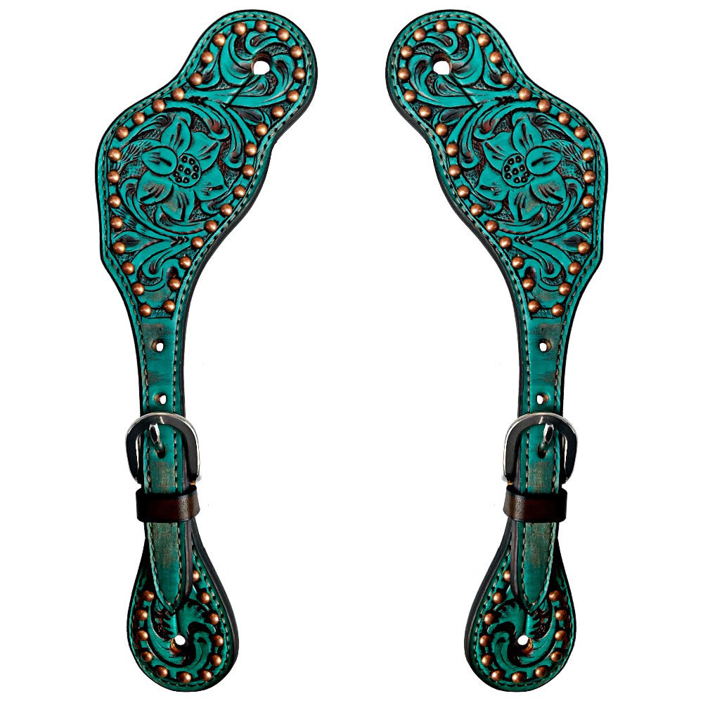 Turquoise Floral Hand Painted Horse Western Leather Spur Strap