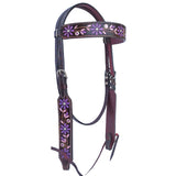 Purple Floral Hand Painted Horse Western Leather Headstall Brown