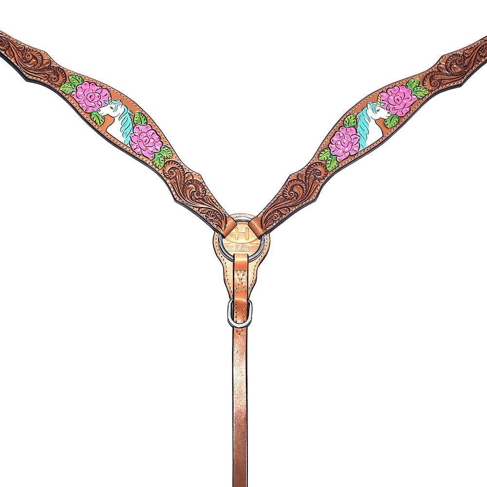 Belle Unicorn Hand Painted Horse Western Leather Breast Collar Tan