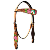 Belle Unicorn Hand Painted Horse Western Leather Headstall Tan