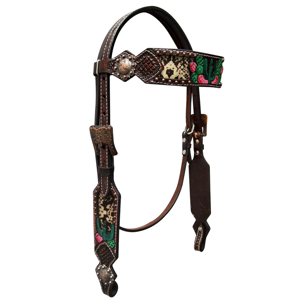 Mack Cactus Hand Tooled Horse Western Leather Headstall Brown