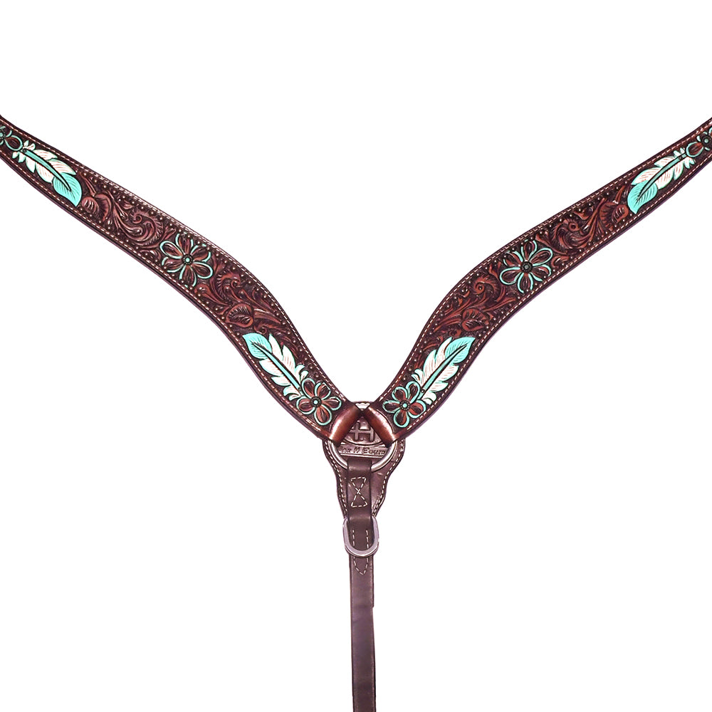 Annie Petal Turquoise Hand Carved Horse Western Leather Breast Collar Brown