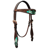 Annie Petal Turquoise Hand Carved Horse Western Leather Headstall Brown