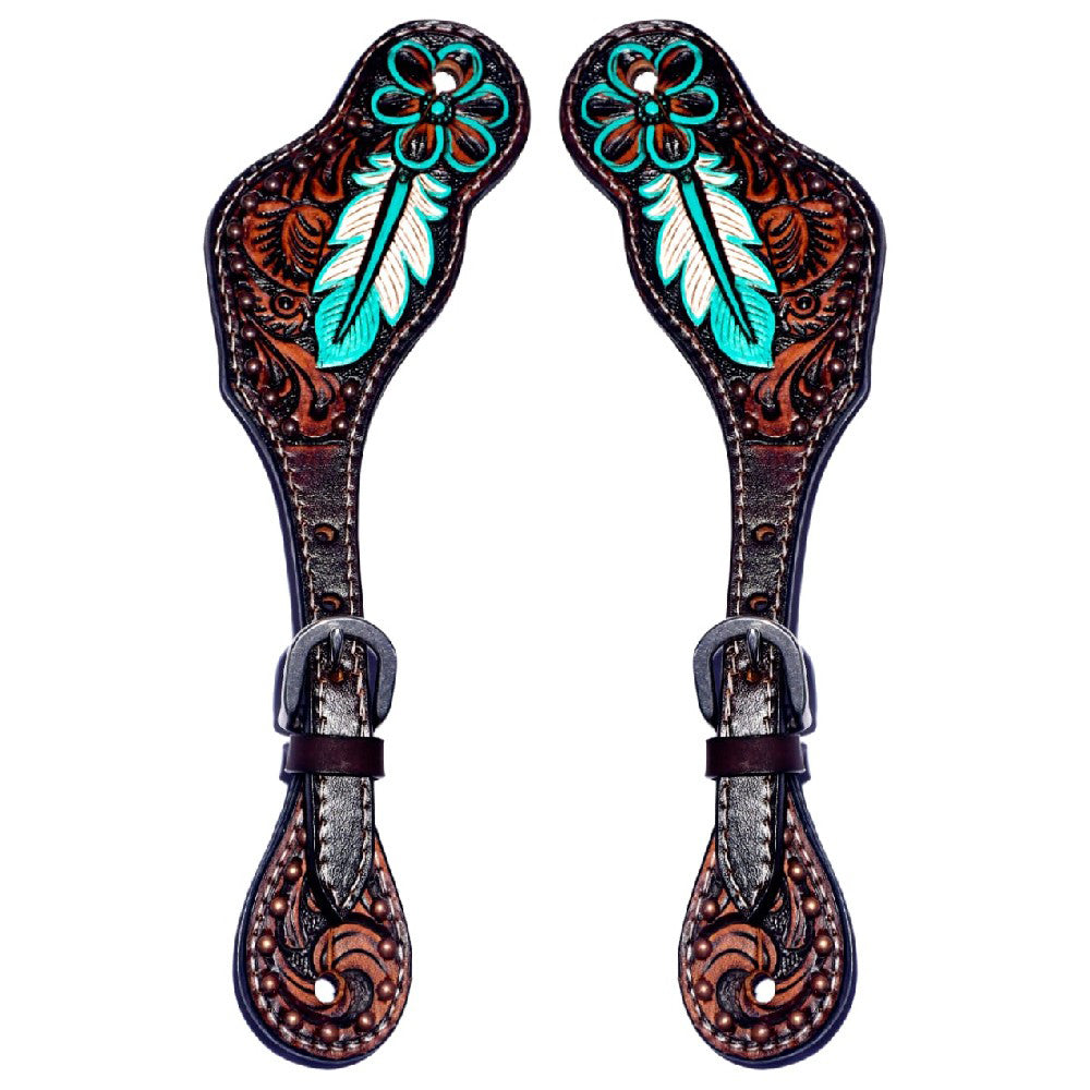 Annie Petal Turquoise Hand Painted  Horse Western Leather Spur Strap Brown