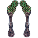 Green Hand Painted Design Horse Western Leather Spurs Strap Brown