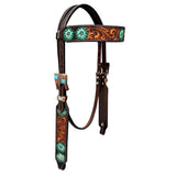 Turquoise Floral Hand Carved Horse Western Leather Headstall Brown