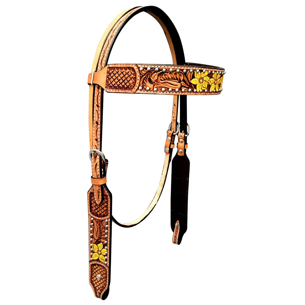 Daffodil Floral Hand Painted Horse Western Leather Headstall Tan