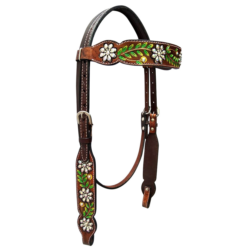 Floral Hand Painted Horse Western Leather Headstall Brown