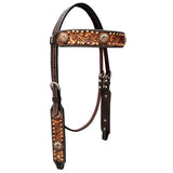 Pinwheel Floral Hand Carved Horse Western Leather Headstall Brown