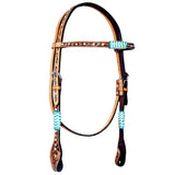 Turquoise Rawhide Hand Tooled Horse Western Leather Headstall Tan