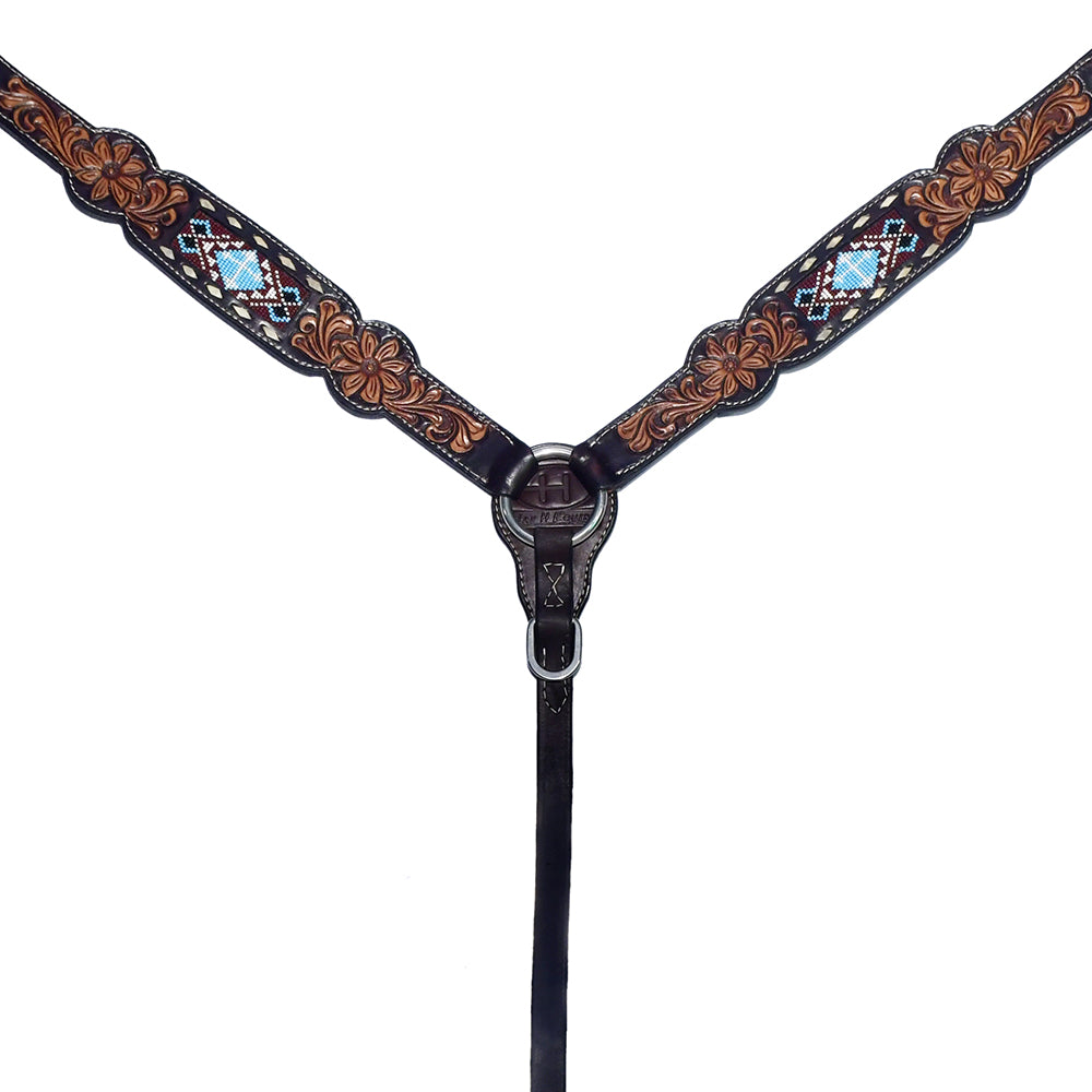 Beaded Symmetry Floral Hand Carved Horse Western Leather Breast Collar