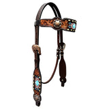 Concho Beaded Symmetry Hand Carved Horse Western Leather Headstall  Brown