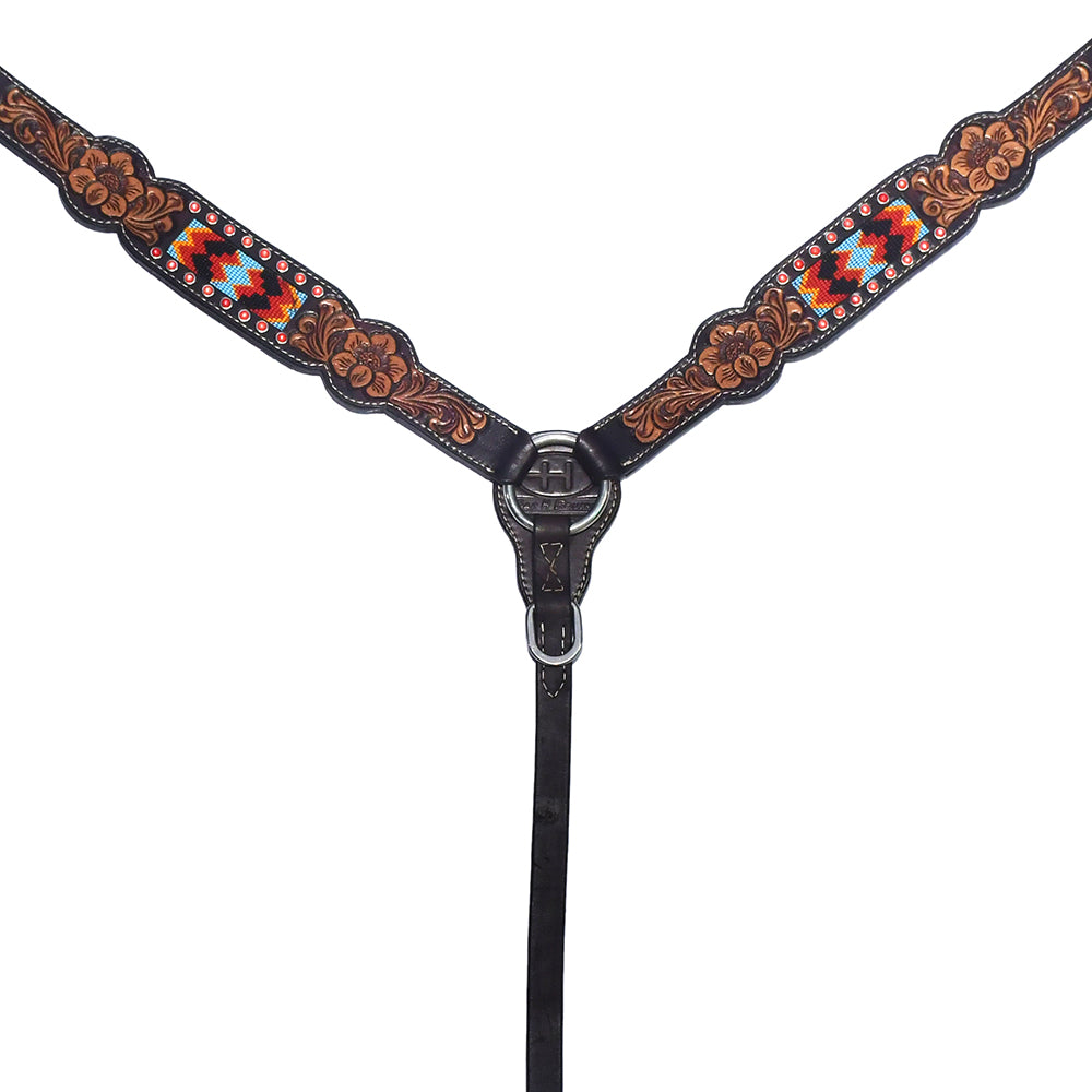 Beaded Floral Hand Carved Horse Western Leather Breast Collar