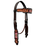 Justine Beaded Hand Carved Horse Western Leather Headstall Brown