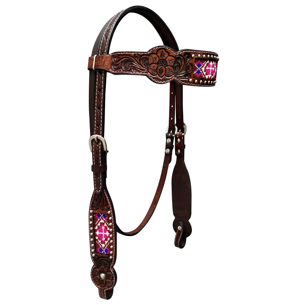 Natural Beaded Designs Hand Carved Horse Western Leather Headstall Dark Brown
