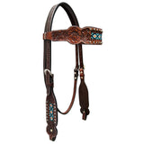 Beaded Diamond Design  Floral Hand Carved  Horse Western Leather Headstall  Brown