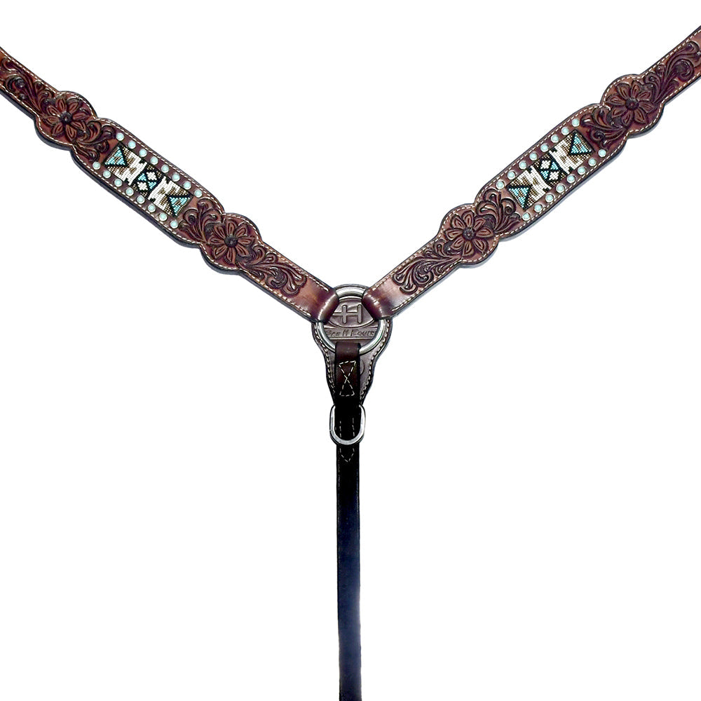 Pinwheel Beaded Floral Hand Carved Horse Western Leather Breast Collar