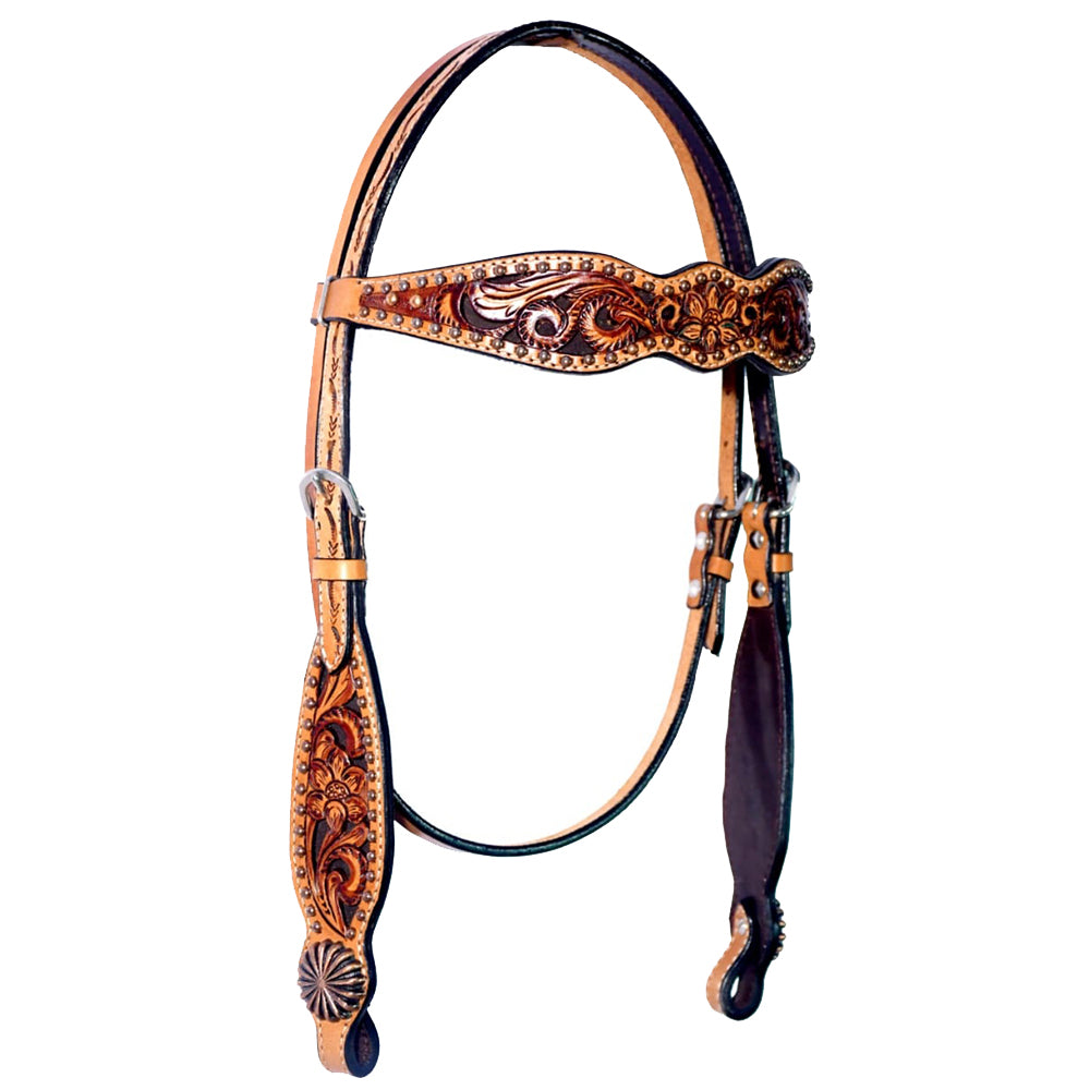 Floral Classic Pinwheel Horse Western Leather Headstall Tan