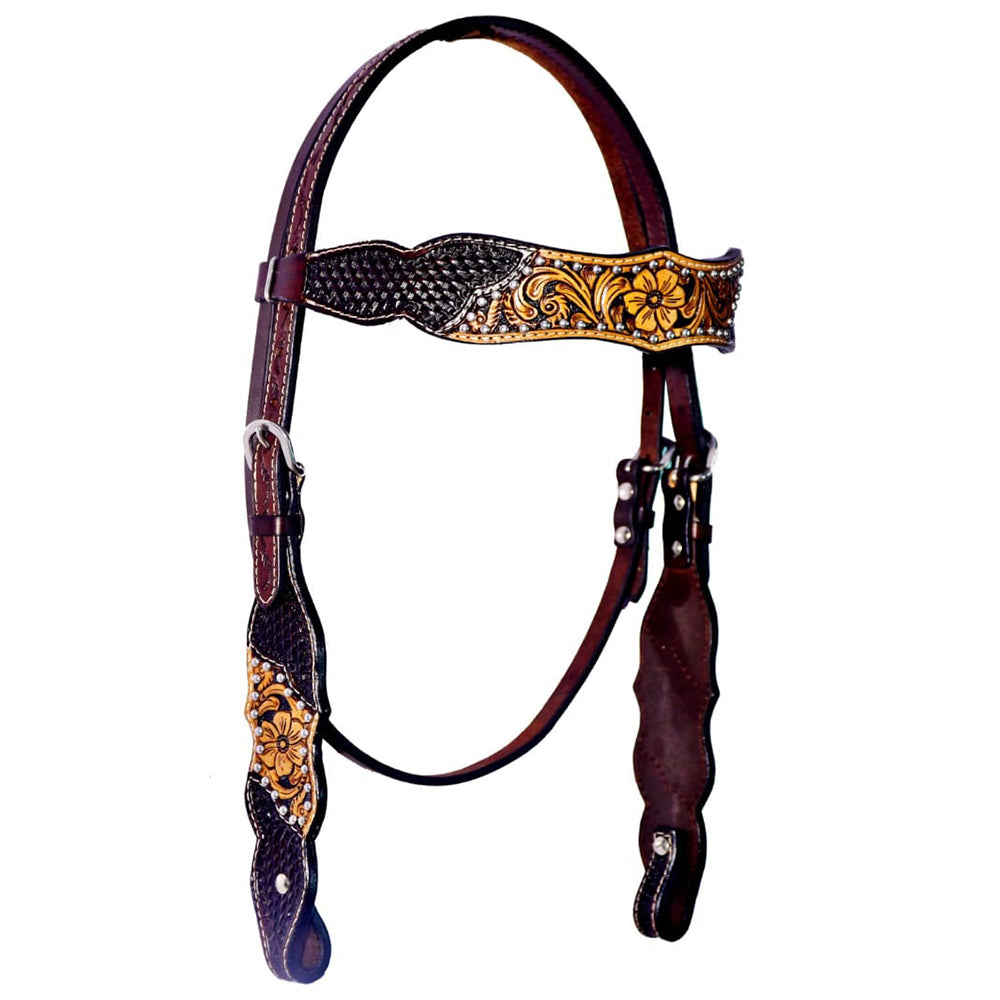 Basket Floral Hand Painted Horse Western Leather Headstall Brown