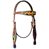 Cacti Sunflower Hand Painted Horse Western Leather  Headstall Tan