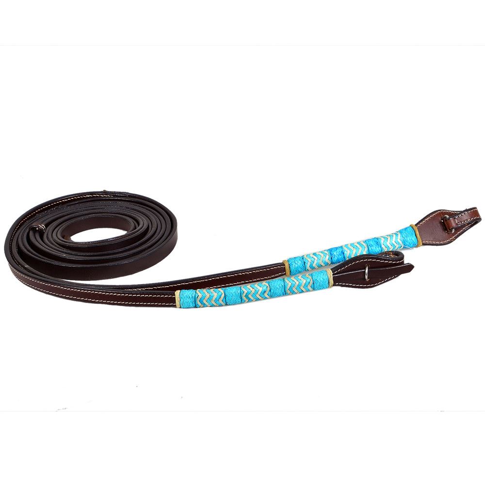 8ft Dark Brown American Leather Split Reins With Turquoise Rawhide Braiding