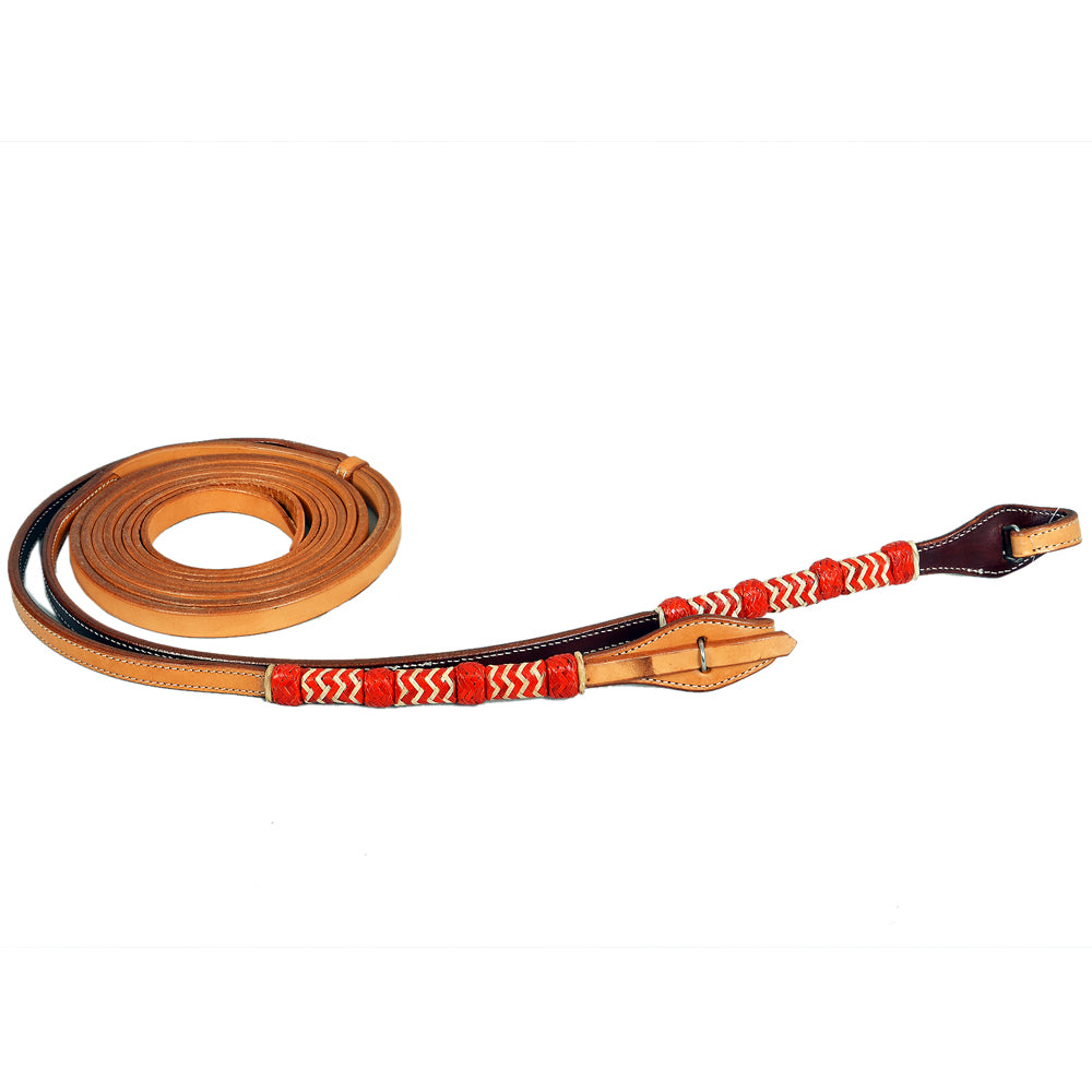 8ft Tan American Leather Split Reins With Red Rawhide Braiding