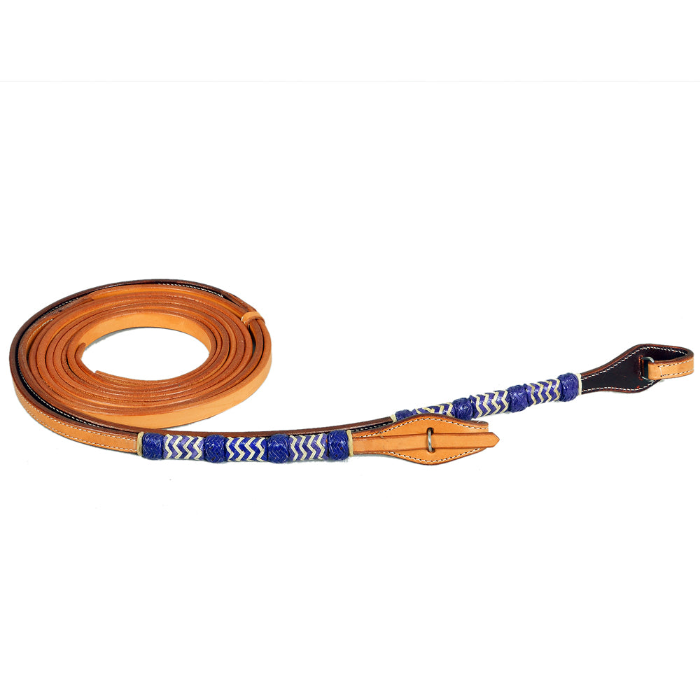 8ft Tan American Leather Split Reins With Blue Rawhide Braiding