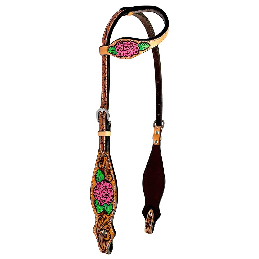 Floral Hand Painted Horse Western Leather One Ear Headstall Tan
