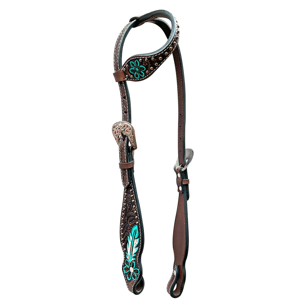 Annie Petal Turquoise Hand Painted Horse Western Leather One Ear Headstall Brown