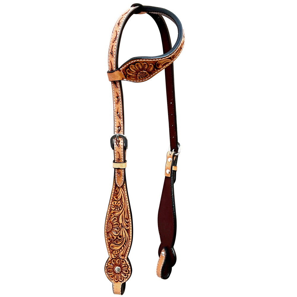 Vintage Classic Floral Hand Carved Horse Western Leather One Ear Headstall Tan