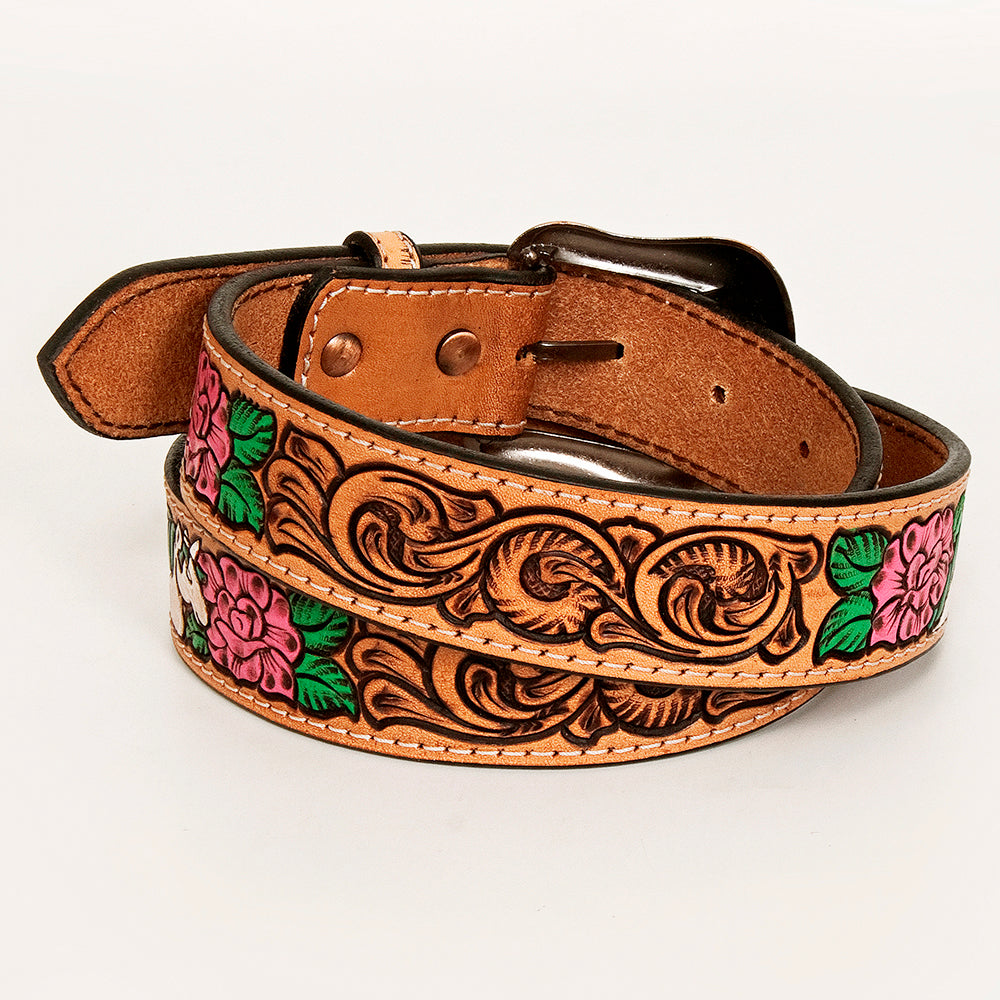 Natural Floral Designs Hand Painted Western Leather Men And Women Belt Tan