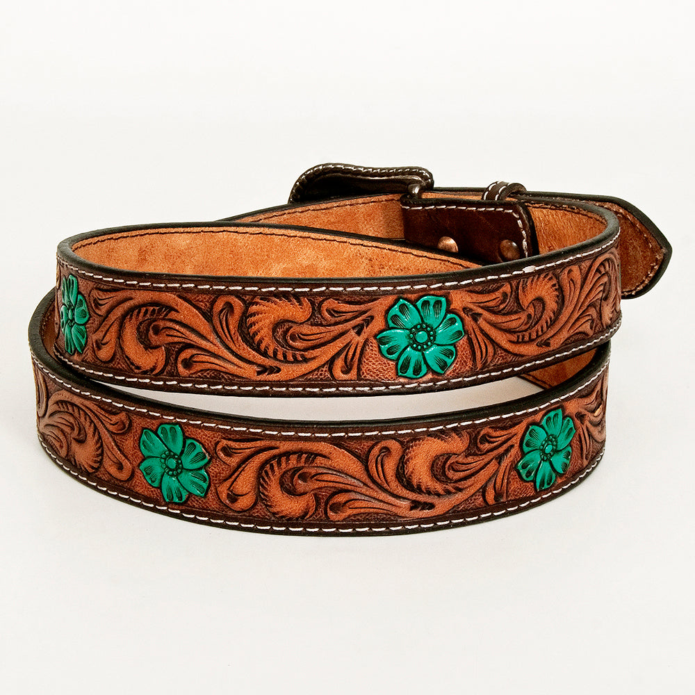 Turquoise Flower Hand Painted Western leather Men And Women Belt Brown