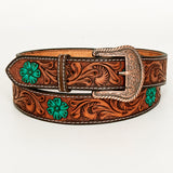 Turquoise Flower Hand Painted Western leather Men And Women Belt Brown