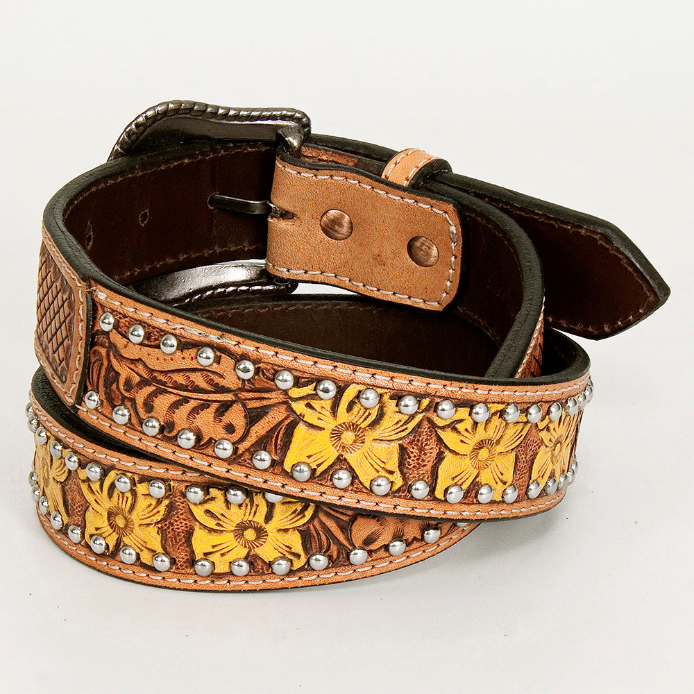 Daffodil Floral Hand Painted Western Fashion Premium Leather Men And Women Belt Tan