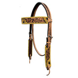 Ashton Yellow Floral Hand Painted Black Inlay Horse Western Leather Headstall Tan
