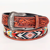 Premium Quality Floral Beaded Hand Carved Western Leather Belt Brown