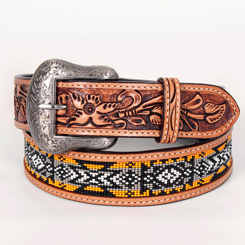 Natural Floral Beaded Designs Hand Carved Western Leather Belt Tan