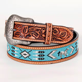 Turquoise Beaded Floral Hand Carved Western Leather Belt Tan