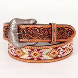 Floral Beaded Hand Carved Western Leather Belt Tan