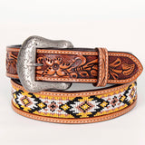 Natural Floral Beaded Designs Hand Carved Western Leather Belt Tan