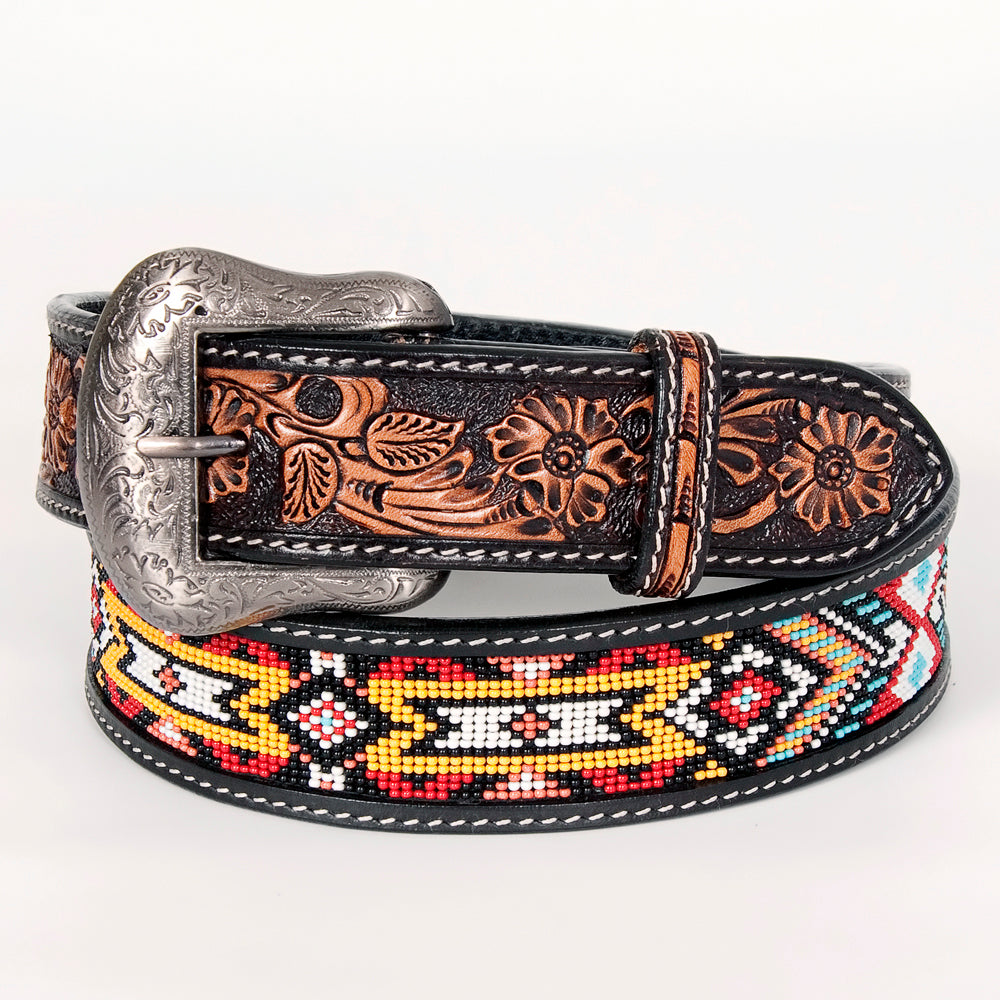 Genuine Quality Beaded Designs Floral Hand Tooled Western Leather Belt