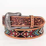 Beaded Floral Hand Tooled Western Leather Men And Women Belt Tan