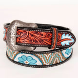 Turquoise Beaded Flower Hand Carved Western Leather Belt Antique Brown