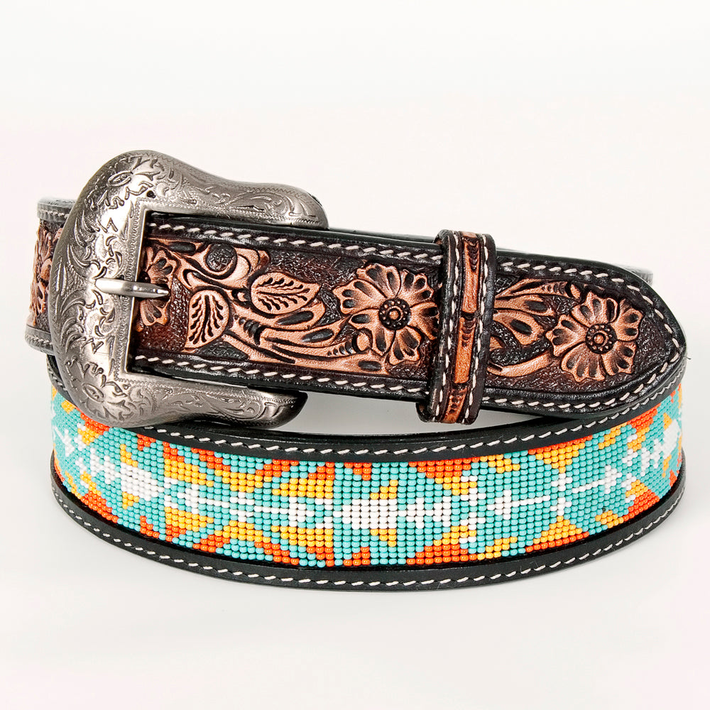 Floral Beaded Hand Carved Designs Western Leather Belt Antique Brown